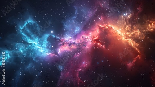 An abstract design of animated shooting stars crossing a galactic outer space background. The vibrant colors of nebulas and distant galaxies provide a stunning cosmic backdrop. photo