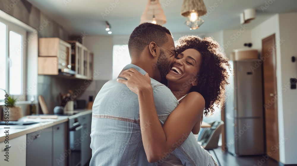 A happy young couple embraces in their new home, celebrating the joy of homeownership. The couple stands in their modern kitchen, with warm lighting and a bright atmosphere A happy young couple embraces in their new home, celebrating the joy of homeownership. The couple stands in their modern kitchen, with warm lighting and a bright atmosphere