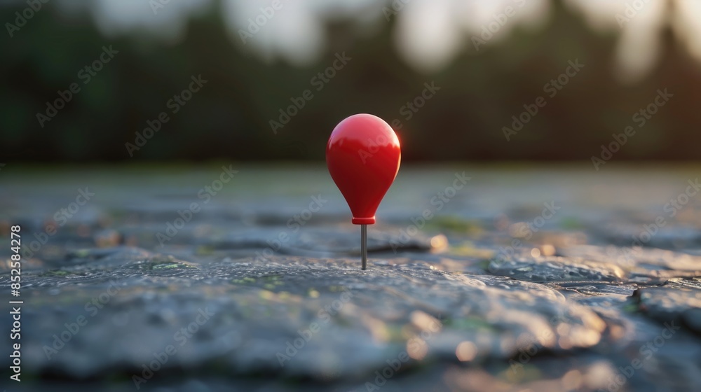 A lone red pin stuck in the middle of a road, providing a visual marker for navigation A lone red pin stuck in the middle of a road, providing a visual marker for navigation