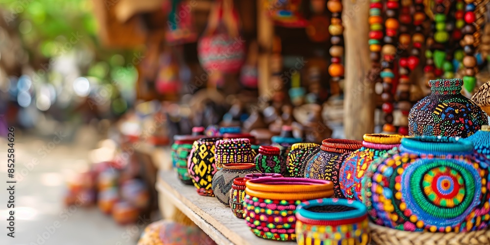 A display of bright and colorful handmade souvenirs, including beads and bracelets, reflecting traditional craftsmanship and cultural richness A display of bright and colorful handmade souvenirs, including beads and bracelets, reflecting traditional craftsmanship and cultural richness