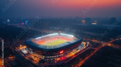 Aerial view of a modern soccer stadium at night. The stadium is located in a dense urban area and is surrounded by tall buildings. photo