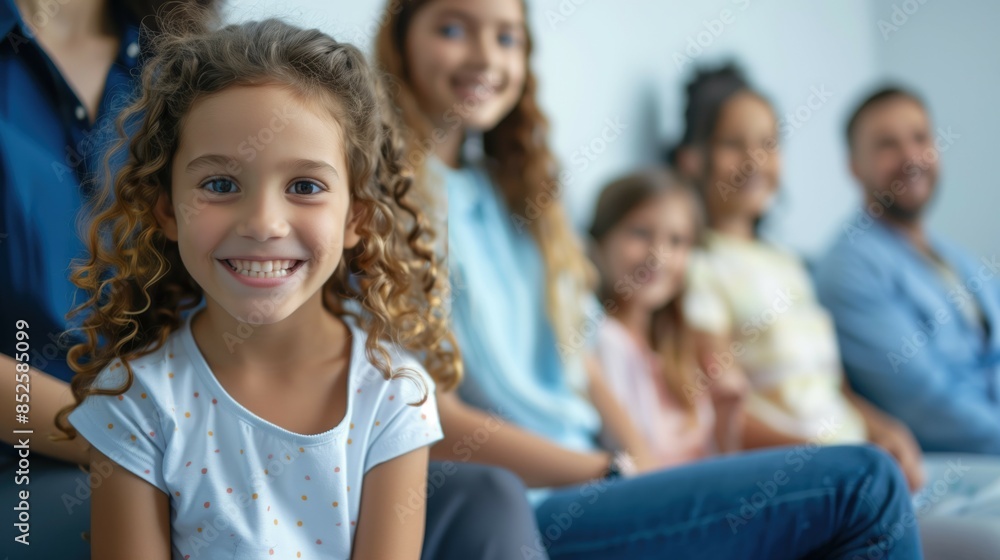 Close up photo of a cheerful smiling little elementary school child sitting with family in pediatric clinic near the wall --ar 16:9 Job ID: dff8eace-eb74-4996-af1b-7fd4e9c3155c Close up photo of a cheerful smiling little elementary school child sitting with family in pediatric clinic near the wall --ar 16:9 Job ID: dff8eace-eb74-4996-af1b-7fd4e9c3155c