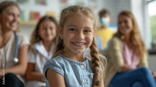 Close up photo of a cheerful smiling little elementary school child sitting with family in pediatric clinic near the wall