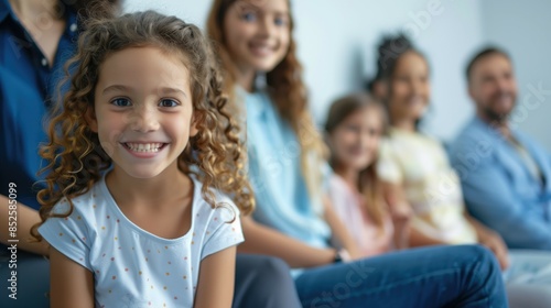 Close up photo of a cheerful smiling little elementary school child sitting with family in pediatric clinic near the wall --ar 16:9 Job ID: dff8eace-eb74-4996-af1b-7fd4e9c3155c