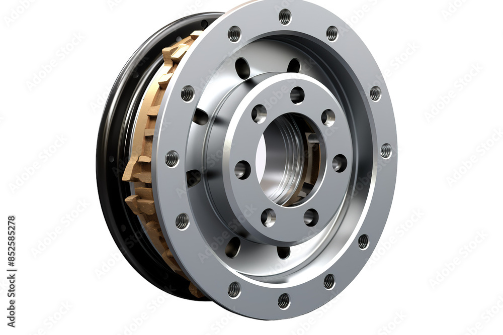 Precision Machined Steel Component With Gear Teeth and Bolt Holes on a Clear PNG or White Background. Precision Machined Steel Component With Gear Teeth and Bolt Holes on a Clear PNG or White Background.