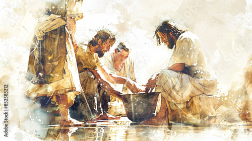 A painting depicting Jesus washing the feet of his disciples, symbolizing humility and service. The scene is filled with a soft, warm light, emphasizing the sacredness of the moment photo