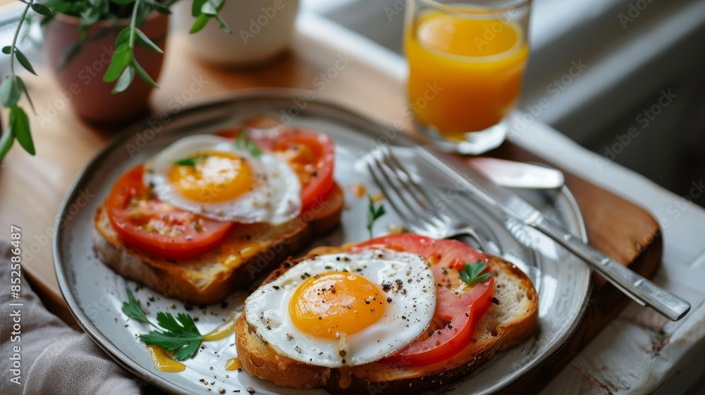 A plate of eggs and toast with tomatoes and a glass of orange juice A plate of eggs and toast with tomatoes and a glass of orange juice