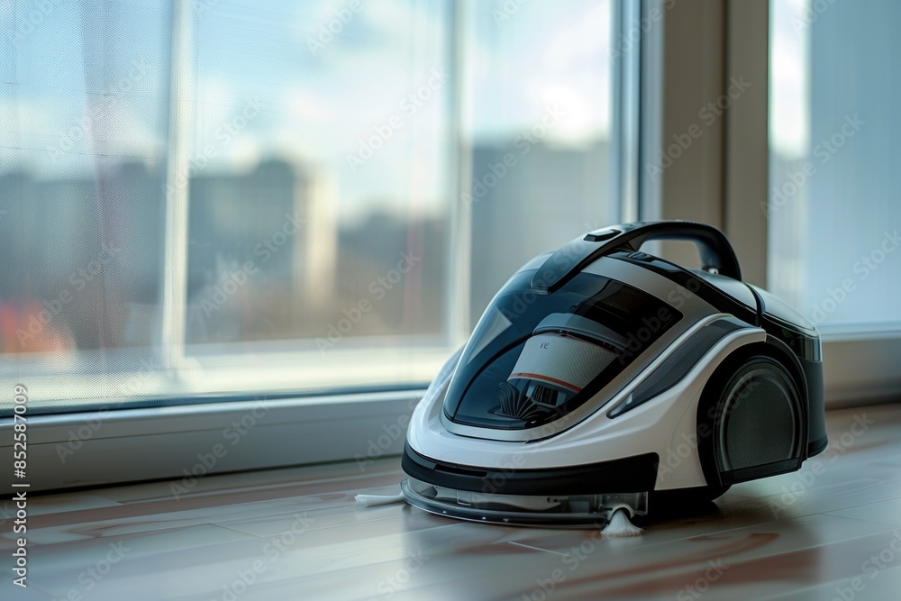 Fototapeta premium A white and black vacuum sitting on a wooden floor