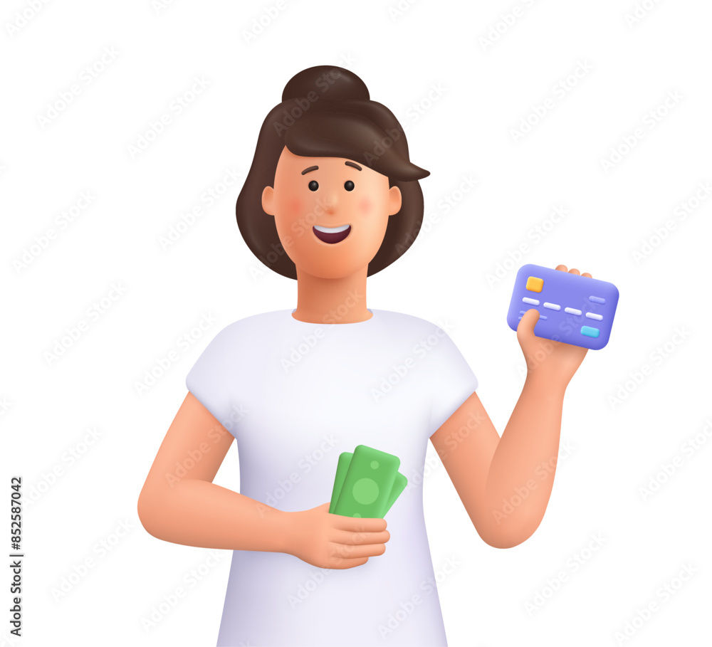Young smiling woman holding credit debit card cash banknotes. Payment, banking and shopping concept. 3d vector people character illustration. Cartoon minimal style. Young smiling woman holding credit debit card cash banknotes. Payment, banking and shopping concept. 3d vector people character illustration. Cartoon minimal style.