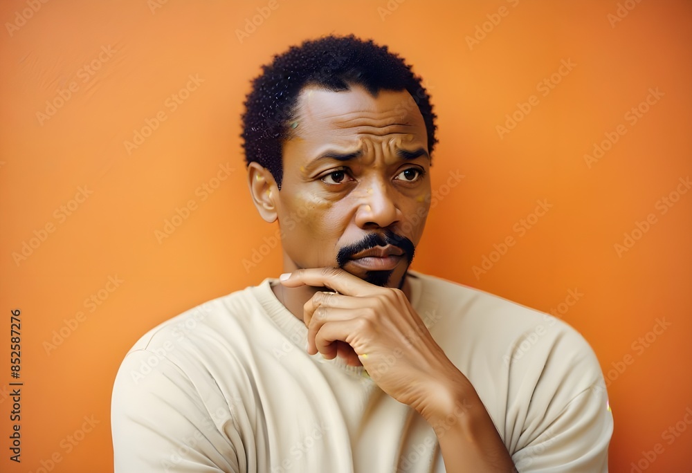 A MAN FRONT OF A ORANGE WALL IS IN A POSE OF THINKING ABOUT SOMETHING A MAN FRONT OF A ORANGE WALL IS IN A POSE OF THINKING ABOUT SOMETHING