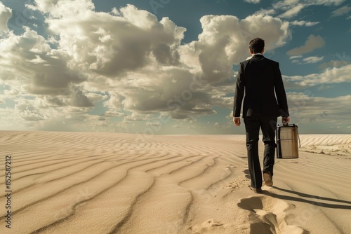 A lone figure in a suit traverses the arid landscape photo
