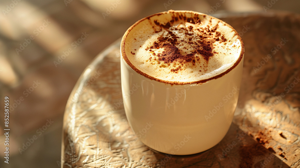 A luxurious cappuccino topped with silky, velvety foam and a delicate sprinkle of cocoa powder, set against a cozy café backdrop A luxurious cappuccino topped with silky, velvety foam and a delicate sprinkle of cocoa powder, set against a cozy café backdrop