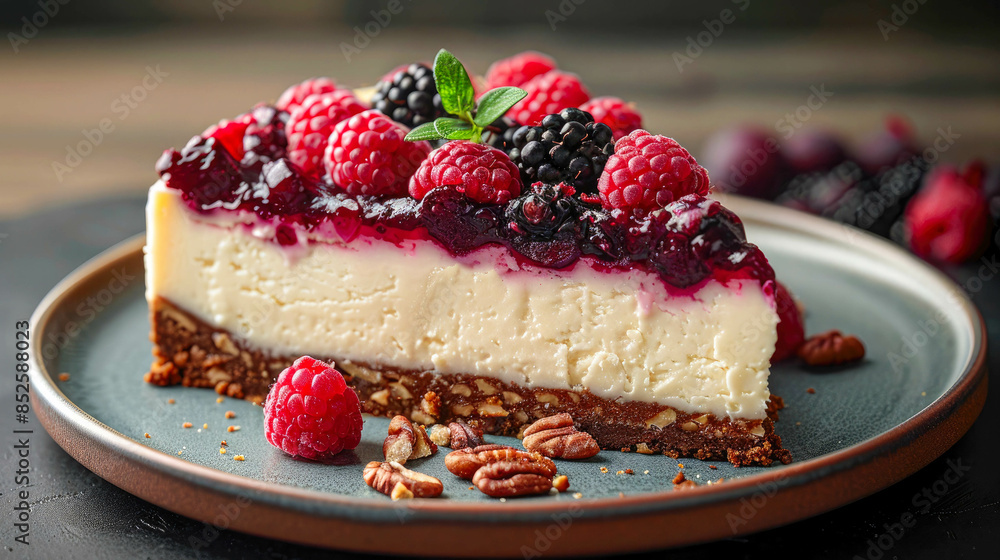 A slice of layered cake adorned with berries and nuts, perfect for culinary or dessert A slice of layered cake adorned with berries and nuts, perfect for culinary or dessert