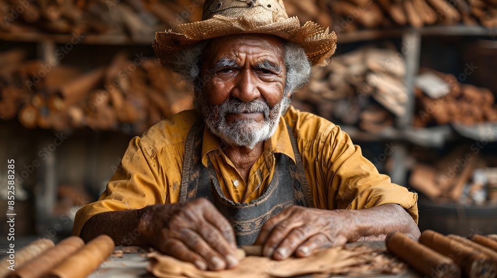A Cuban man in a yellow shirt and hat sits at a table working in an artisanal way in the manufacture of cigars in Cuba. Ia generative A Cuban man in a yellow shirt and hat sits at a table working in an artisanal way in the manufacture of cigars in Cuba. Ia generative