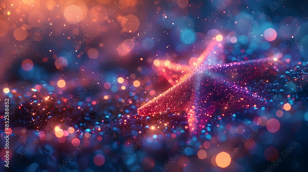 An artistic depiction of abstract star patterns interspersed with bokeh lights for a holiday theme. The scene is filled with vibrant colors and soft glowing lights. An artistic depiction of abstract star patterns interspersed with bokeh lights for a holiday theme. The scene is filled with vibrant colors and soft glowing lights.