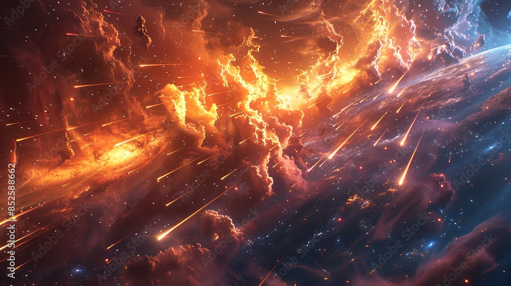 An artistic depiction of animated shooting stars crossing a galactic outer space background. The vibrant colors of nebulas and distant stars create a mesmerizing cosmic scene An artistic depiction of animated shooting stars crossing a galactic outer space background. The vibrant colors of nebulas and distant stars create a mesmerizing cosmic scene