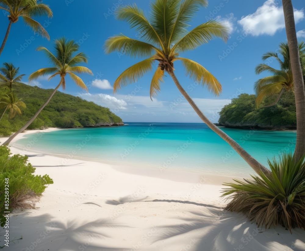 Serene tropical beach with white sand and turquoise water, framed by lush green hills and swaying palm trees under a bright blue sky. Perfect for relaxation and escape.. AI Generation