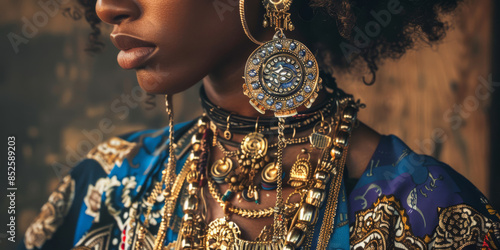 African young woman wearing maximalist jewelry, including chunky gold necklaces and large hoop earrings photo