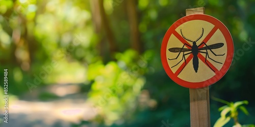 An impactful image of a mosquito warning sign along a forest trail, symbolizing disease prevention photo