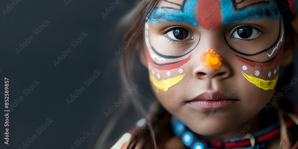 A close-up portrait of a young child adorned with colorful tribal face paint and traditional attire, conveying cultural heritage A close-up portrait of a young child adorned with colorful tribal face paint and traditional attire, conveying cultural heritage