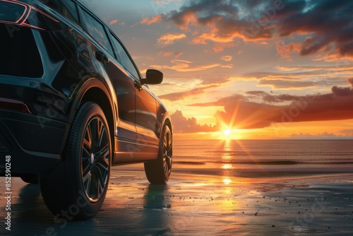 A vehicle parked on the shore during a beautiful sunset photo