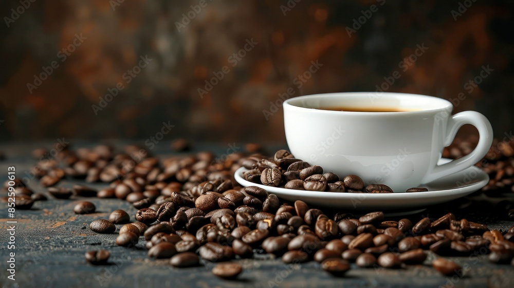 Indoor photo of coffee cup and coffee beans with a few gold beans on smoked table. Indoor photo of coffee cup and coffee beans with a few gold beans on smoked table.