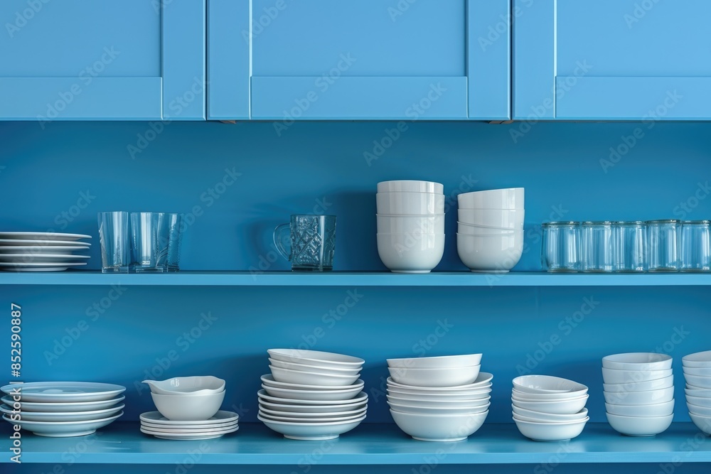 A close-up shot of a blue shelf stacked with white dinner plates and glasses, perfect for use in a still life photography or as a decorative element A close-up shot of a blue shelf stacked with white dinner plates and glasses, perfect for use in a still life photography or as a decorative element