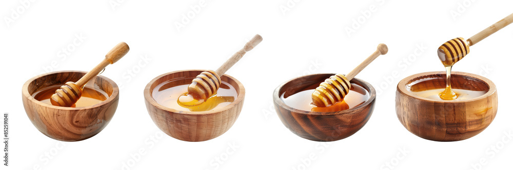 Wooden Bowls with Honey Dippers Drizzling Golden Honey Isolated on White Background Wooden Bowls with Honey Dippers Drizzling Golden Honey Isolated on White Background