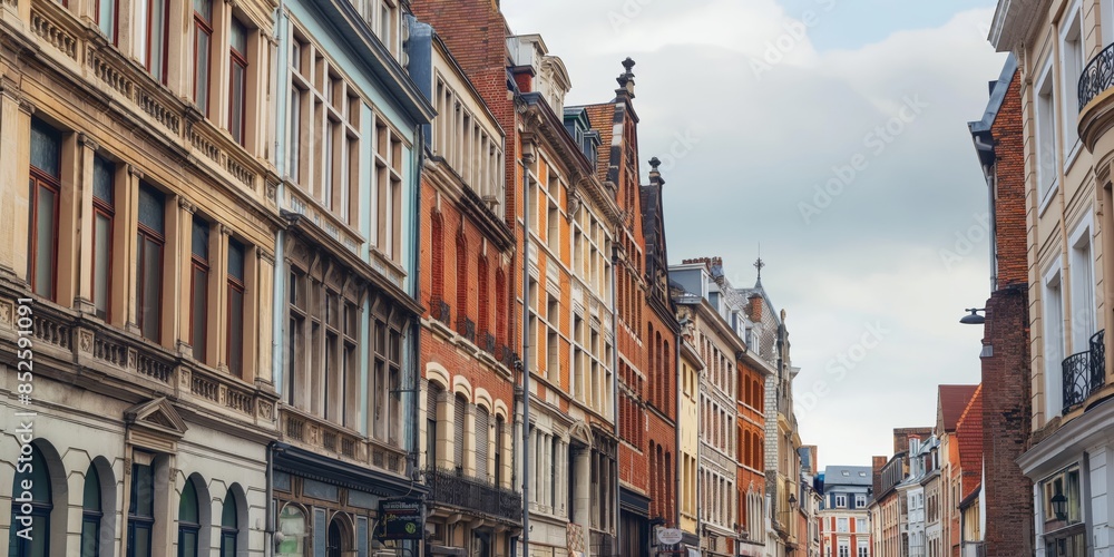 Historical European town street lined with traditional facades and architectural details Historical European town street lined with traditional facades and architectural details