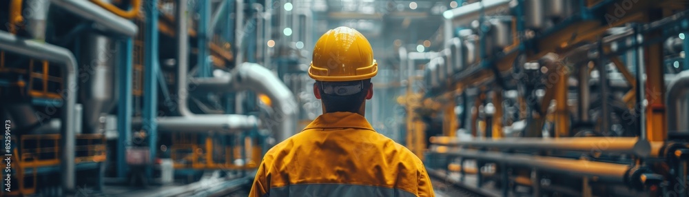 Engineer wearing a yellow helmet and jacket stands in a large industrial plant, filled with machinery, pipelines, and metal structures. Engineer wearing a yellow helmet and jacket stands in a large industrial plant, filled with machinery, pipelines, and metal structures.