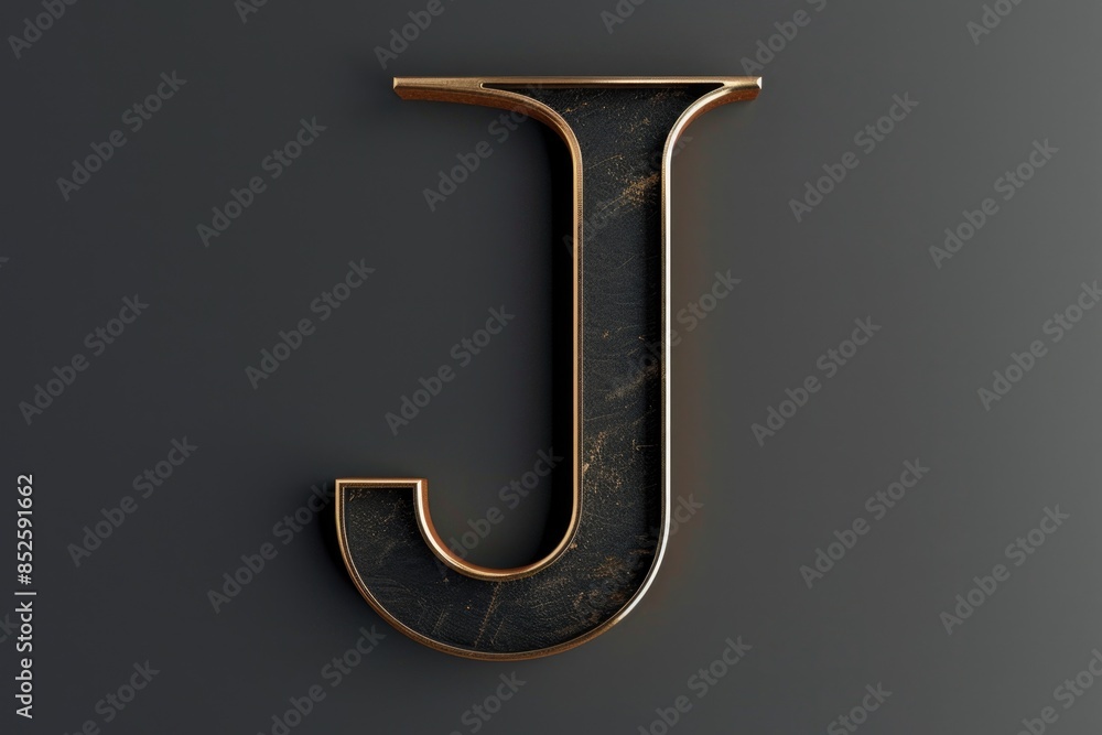 A close-up view of a metal letter J with intricate details and textures A close-up view of a metal letter J with intricate details and textures