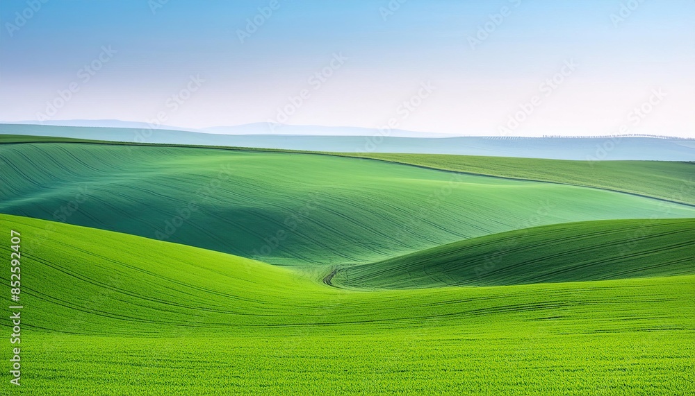 Fresh green fields in spring with a blue sky backdrop on a hill Fresh green fields in spring with a blue sky backdrop on a hill