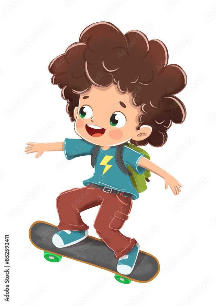 Child with skateboard and backpack Child with skateboard and backpack