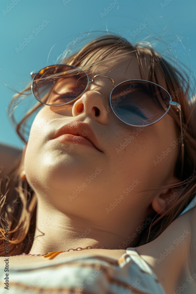 A woman wearing sunglasses is relaxing on a sunny beach A woman wearing sunglasses is relaxing on a sunny beach
