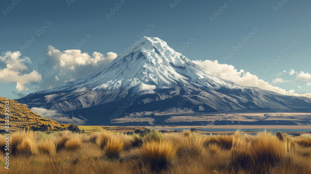 Fototapeta premium Photography of a majestic snow-capped mountain under a clear blue sky with golden grassland in the foreground.