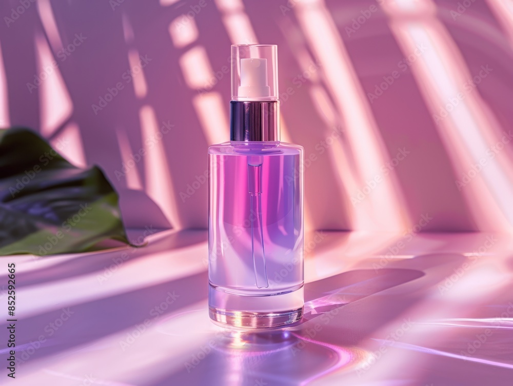 Elegant perfume bottle with a pink and purple gradient, highlighted dramatically with light shadows, on a vibrant background. Elegant perfume bottle with a pink and purple gradient, highlighted dramatically with light shadows, on a vibrant background.