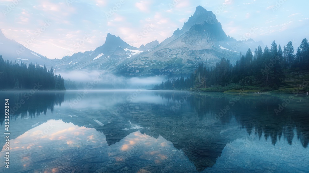 Fototapeta premium Serene mountain lake at dawn with mist and pine trees reflecting on the calm water, under a pastel sky in a peaceful natural landscape.