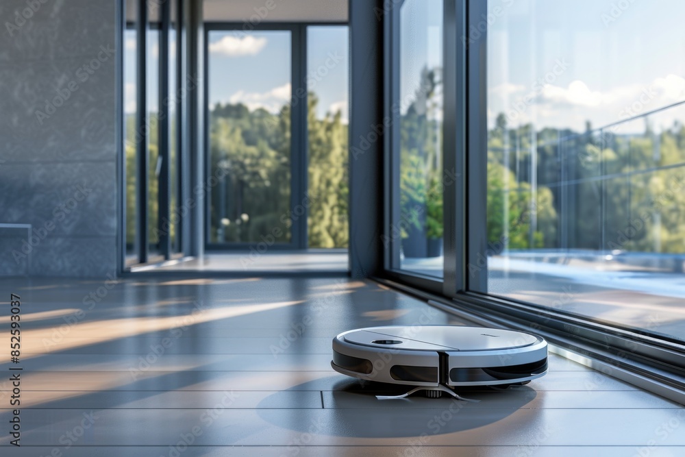 A robotic vacuum cleaner sits on the floor in front of a window A robotic vacuum cleaner sits on the floor in front of a window