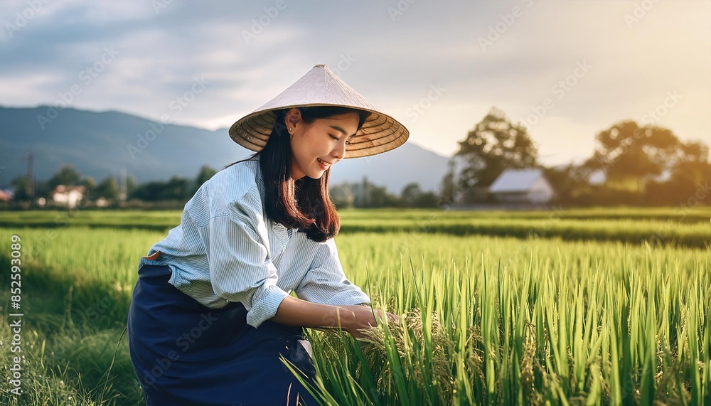 A Thai girl in a straw hat is working in a field of rice A Thai girl in a straw hat is working in a field of rice