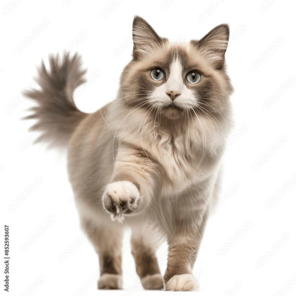 Fototapeta premium Beautiful adult mink Ragdoll cat standing facing camera Looking straight in lense with mesmerising aqua greenish eyes One paw playful lifted Isolated on a transparent background