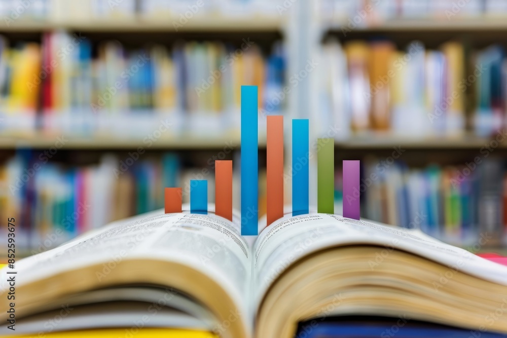 An open book with a bar graph made of paper. An open book with a bar graph made of paper.