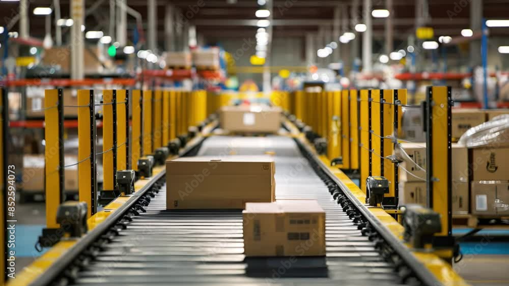 Conveyor belt with cardboard boxes. Logistics and automation background. Efficiency, robotics and supply chain concept Conveyor belt with cardboard boxes. Logistics and automation background. Efficiency, robotics and supply chain concept