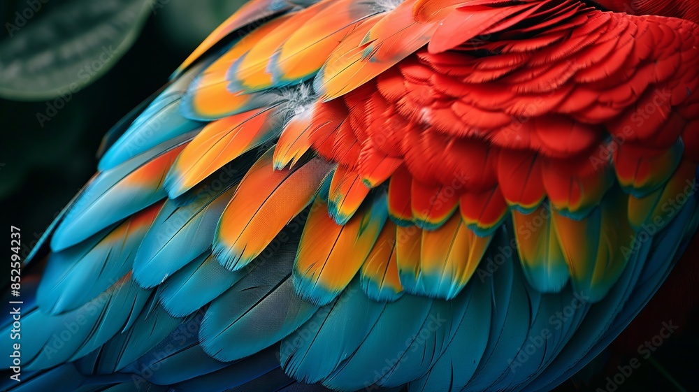 Fototapeta premium Close-Up of Vibrant Multicolored Tropical Parrot Feathers