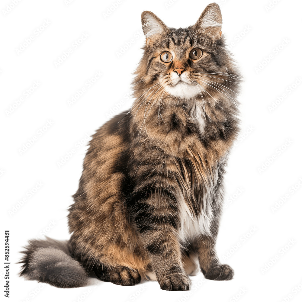Curious cat sitting while looking at camera Relaxed cute fluffy kitty with beautiful asymmetric markings Full body cat portrait Isolated on transparent background Curious cat sitting while looking at camera Relaxed cute fluffy kitty with beautiful asymmetric markings Full body cat portrait Isolated on transparent background