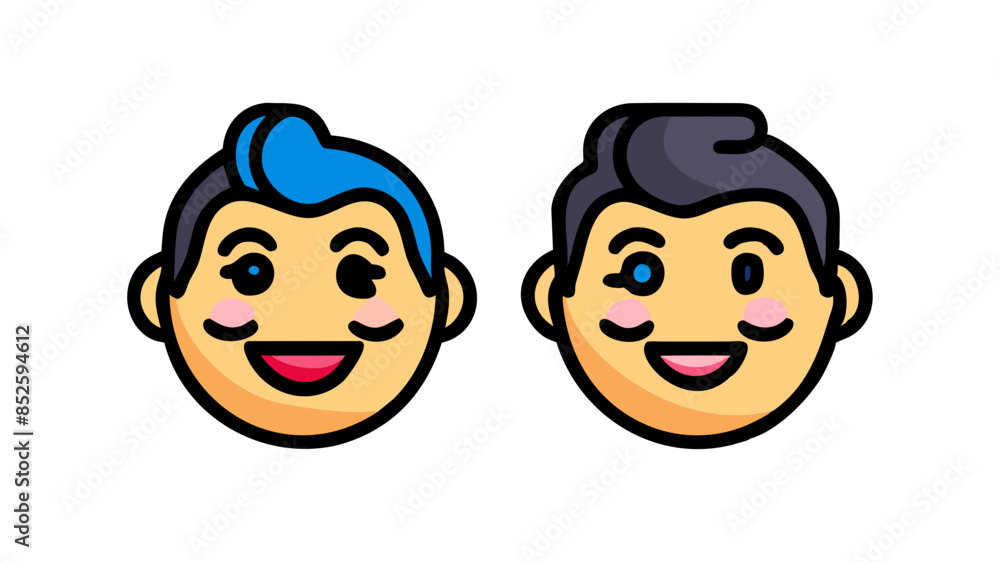 Two cartoon faces on a transparent background, both with happy expressions.One on the left has a striking blue streak in her hair, while the one on the right has a more traditional black hairstyle.AI Two cartoon faces on a transparent background, both with happy expressions.One on the left has a striking blue streak in her hair, while the one on the right has a more traditional black hairstyle.AI