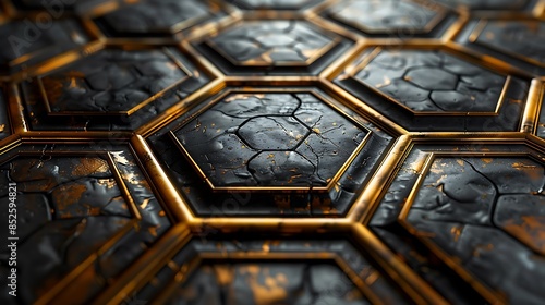 Art Deco style octagons with golden lines, set against a plush black velvet background. The intricate gold patterns create a striking contrast with the dark, luxurious backdrop. 