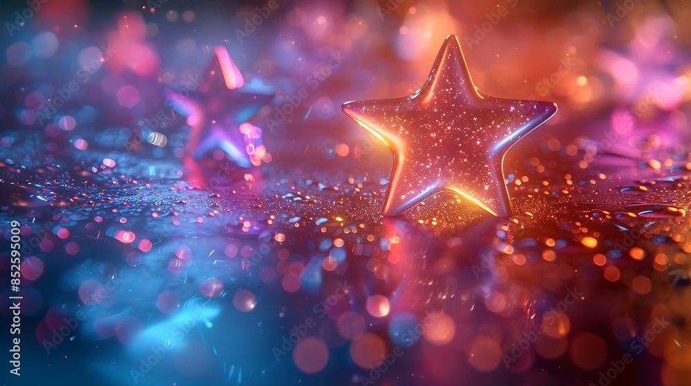 Holographic stars glowing on a reflective surface, creating a futuristic vibe. The stars have iridescent colors that shift with the light, and the surface mirrors these vibrant hues. Holographic stars glowing on a reflective surface, creating a futuristic vibe. The stars have iridescent colors that shift with the light, and the surface mirrors these vibrant hues.