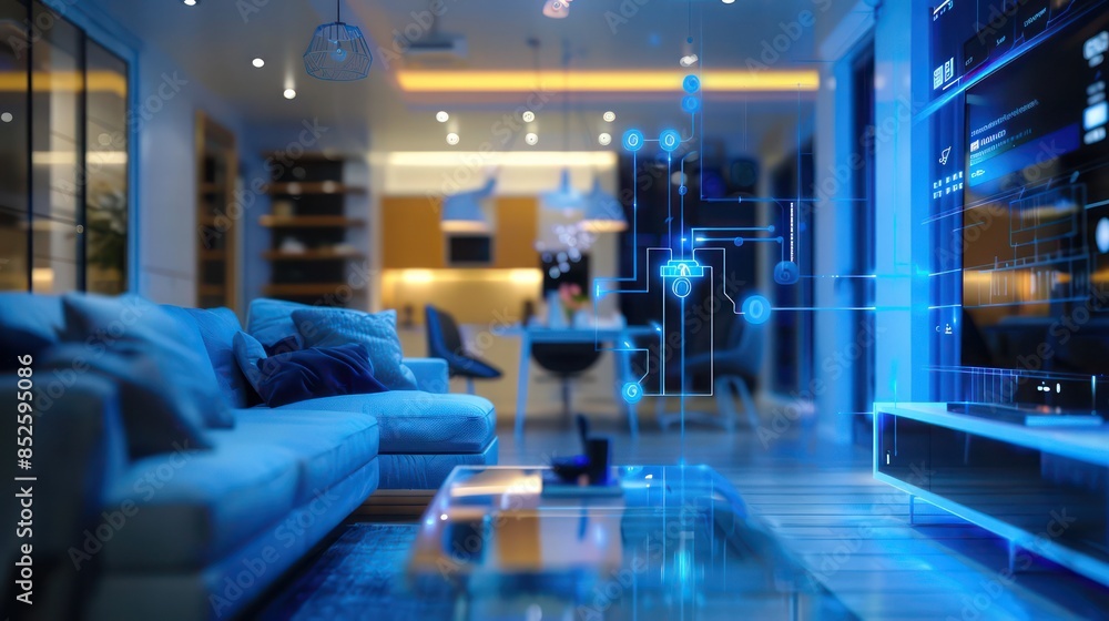 Building consists digits and connected with icons of domestic smart devices Building consists digits and connected with icons of domestic smart devices