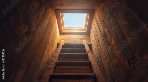 Wooden ladder leading up to an open hatchway with sunlight streaming through. Rustic wooden walls create a warm, natural atmosphere.