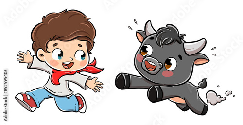 Niño y toro en San Fermin jugando 